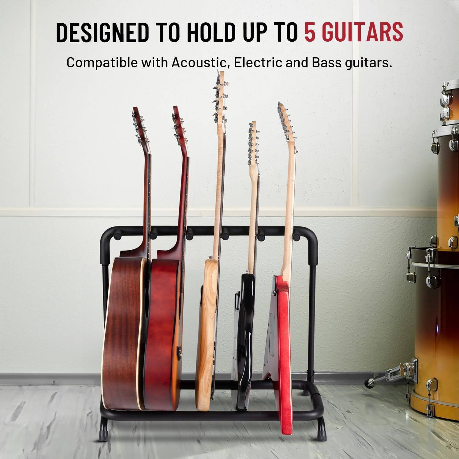 DESIGNED TO HOLD UP TO 5 GUITARS  
Compatible with Acoustic, Electric and Bass guitars.