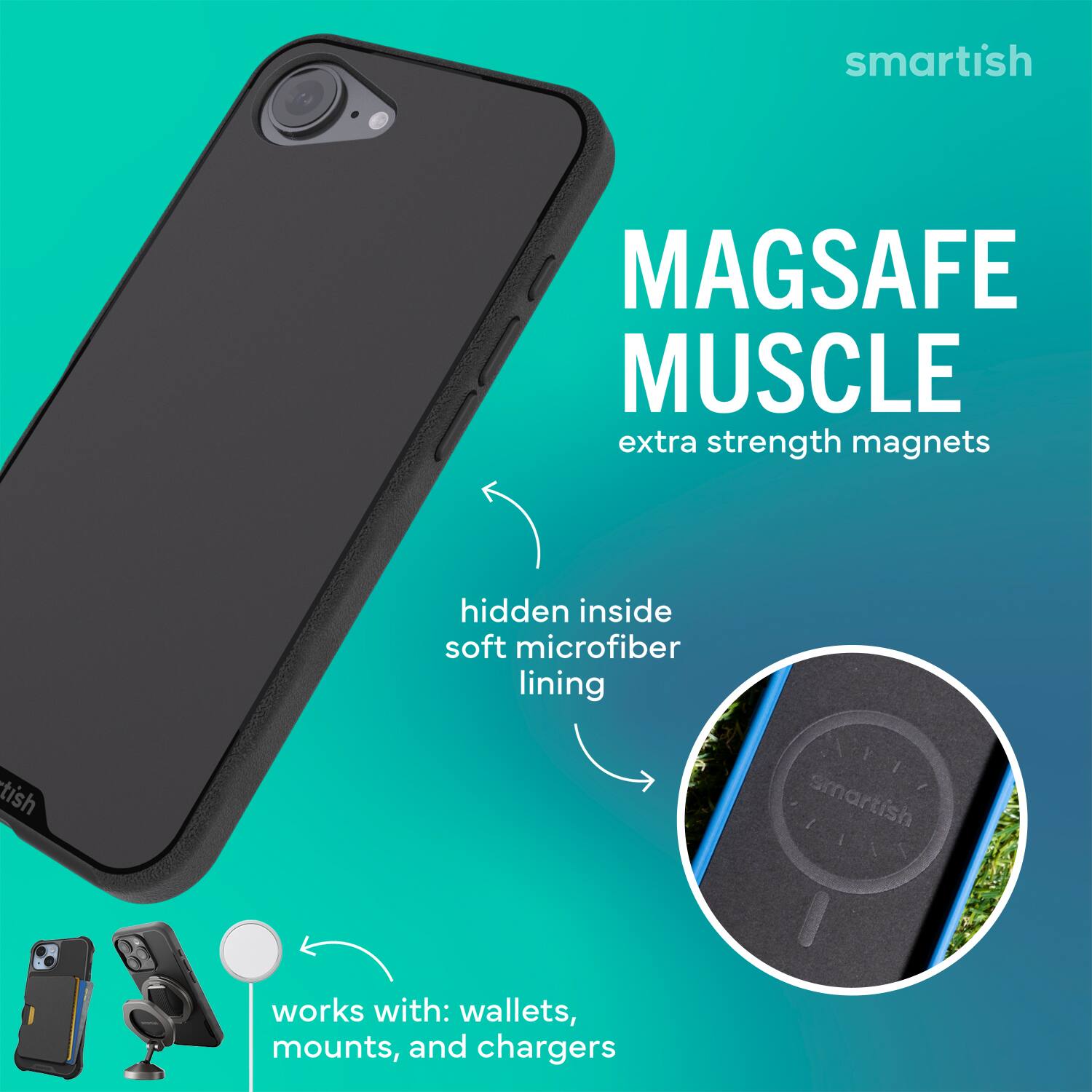 smartish MAGSAFE MUSCLE extra strength magnets hidden inside soft microfiber lining works with: wallets, mounts, and chargers