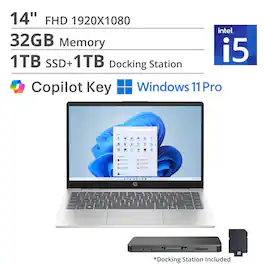 HP - 14" FHD Laptop,Intel Core i5-1334U,32GB DDR4,1TB SSD+1TB Dock Station,Intel Iris Xe GPU,Copilot,Win 11 Pro - Silver