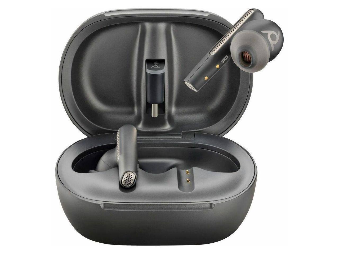 Alt View 1. Poly - Poly Voyager Free 60+ UC Carbon Black Earbuds +BT700 USB-C Adapter +Touchscreen Charge Case (7Y8G4AA) - Black.