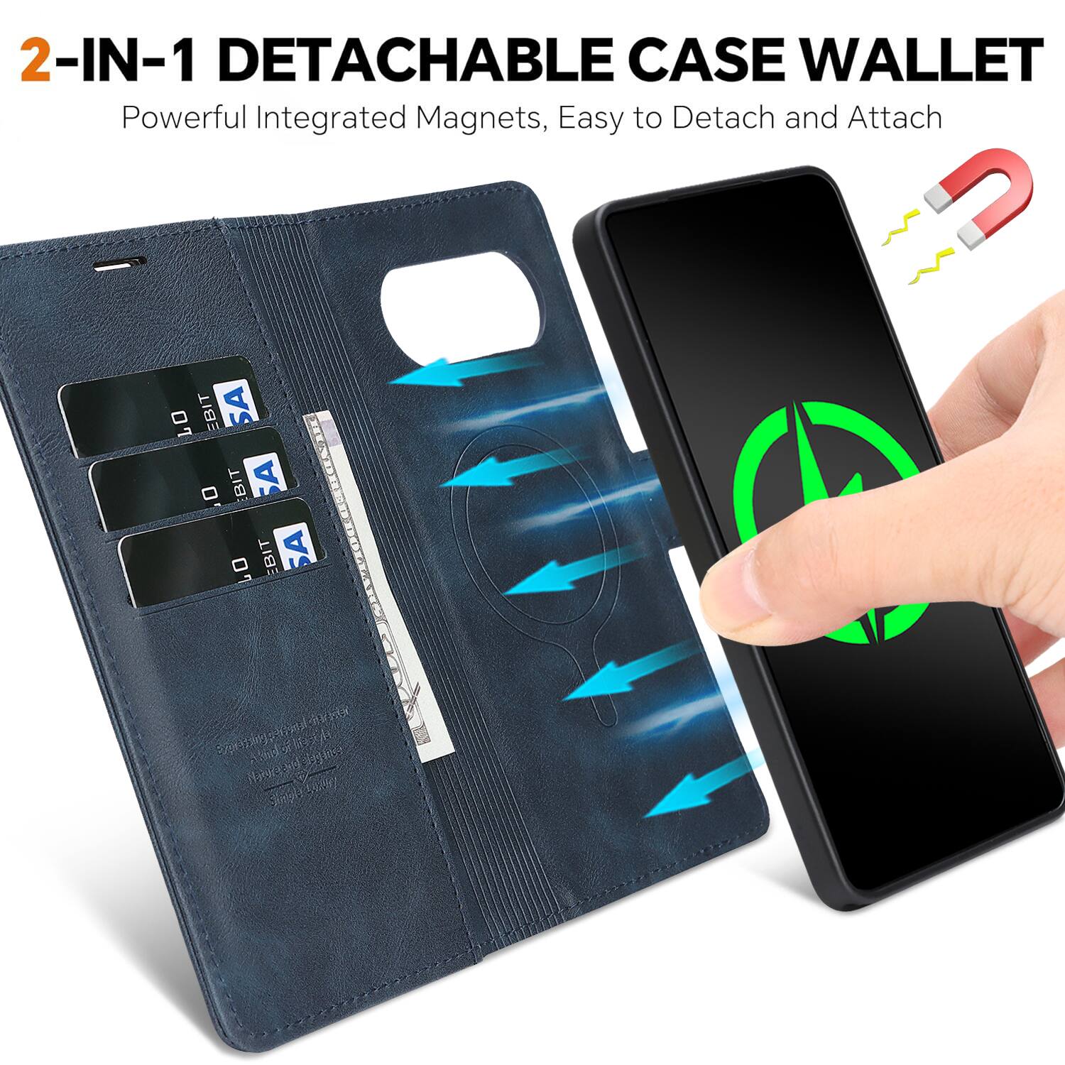 2-IN-1 DETACHABLE CASE WALLET  
Powerful Integrated Magnets, Easy to Detach and Attach