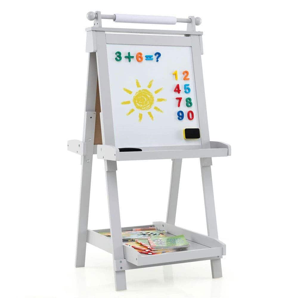 Resenkos - 3-in-1 Double-Sided Kids Art Easel: Chalkboard & Whiteboard - Gray