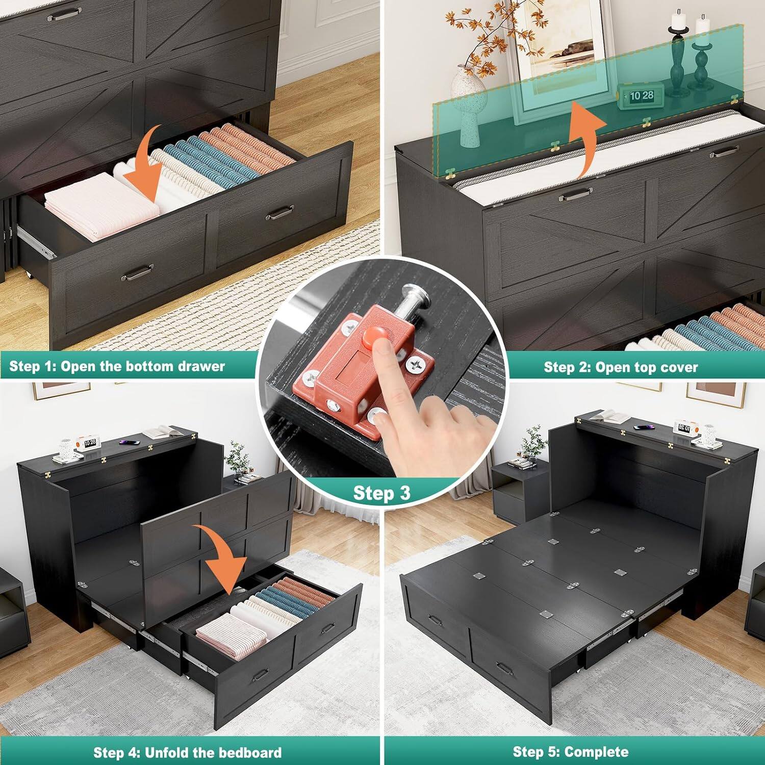 10 28 Step 1: Open the bottom drawer  
Step 2: Open top cover  
Step 3:  
Step 4: Unfold the bedboard  
Step 5: Complete