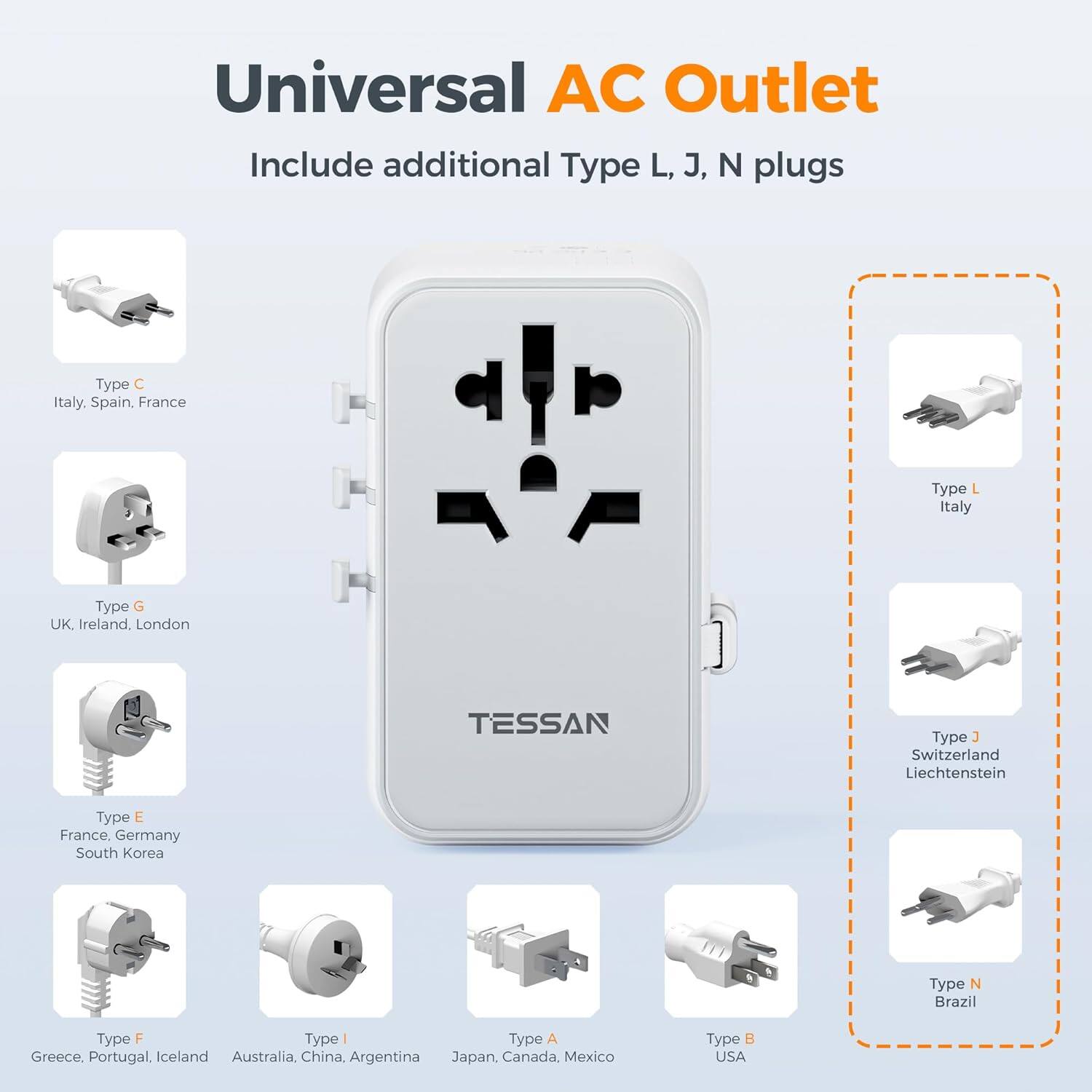 Universal AC Outlet  
Include additional Type L, J, N plugs  

Type C  
Italy, Spain, France  

Type G  
UK, Ireland, London  

Type E  
France, Germany, South Korea  

Type F  
Greece, Portugal, Iceland  

Type I  
Australia, China, Argentina  

Type A  
Japan, Canada, Mexico  

Type B  
USA  

Type L  
Italy  

Type J  
Switzerland, Liechtenstein  

Type N  
Brazil