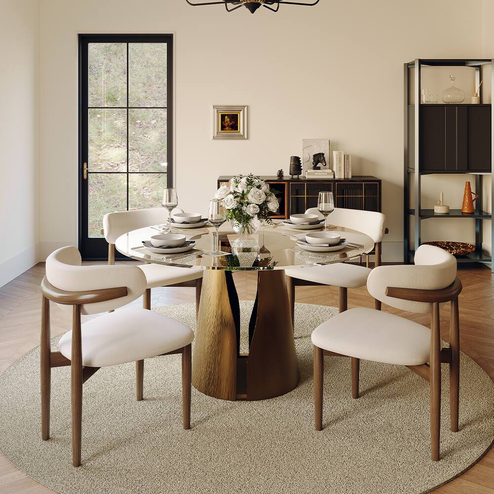 Angle. POVISON - 47.24" Modern Luxury Round Glass Dining Table for 4, Tempered Glass Circle Dining Room Table for Kitchen, Bronze Base - Transparent & Bronze.