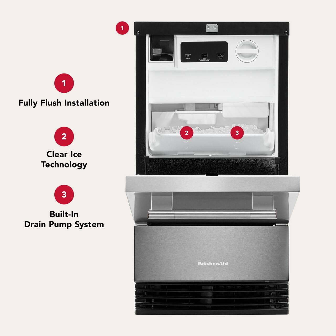 1. Fully Flush Installation
2. Clear Ice Technology
3. Built-In Drain Pump System
KitchenAid