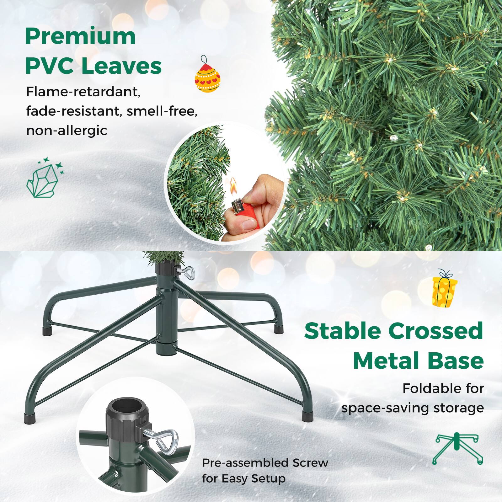 Premium PVC Leaves  
Flame-retardant, fade-resistant, smell-free, non-allergic  

Stable Crossed Metal Base  
Foldable for space-saving storage  

Pre-assembled Screw for Easy Setup