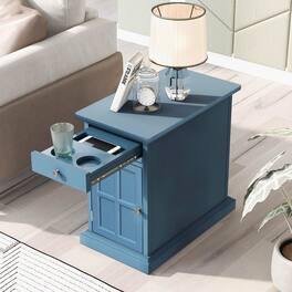 Loheer - Vintage End Table Side Table with USB Ports Cup Holders Storage Drawer Solid Wood Base - Antique Navy