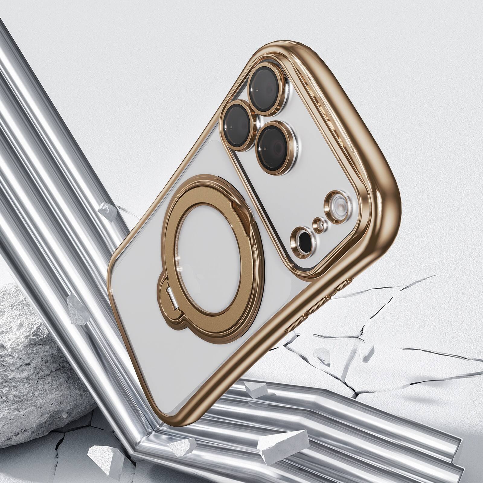 Alt View 3. Dteck - Magnetic Case for Apple iPhone 17 Pro Max with 360 Ring Stand and Strap, Shockproof TPU Cover Built-in Lens Protector - Gold.