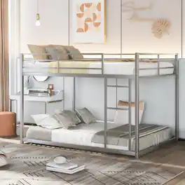Loheer - Full Over Full Bunk Bed Metal Low Bunk Bed with Ladder - Silver