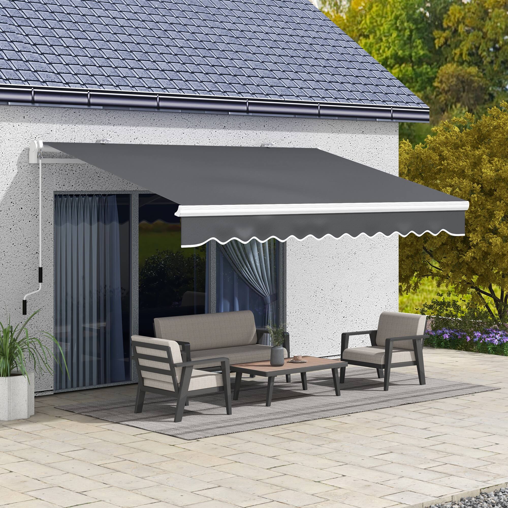 Alt View 1. Outsunny - 13' x 8' Retractable Awning, Patio Awnings, Sunshade Shelter w/ Manual Crank Handle, UV & Water-Resistant Fabric - Dark Gray.