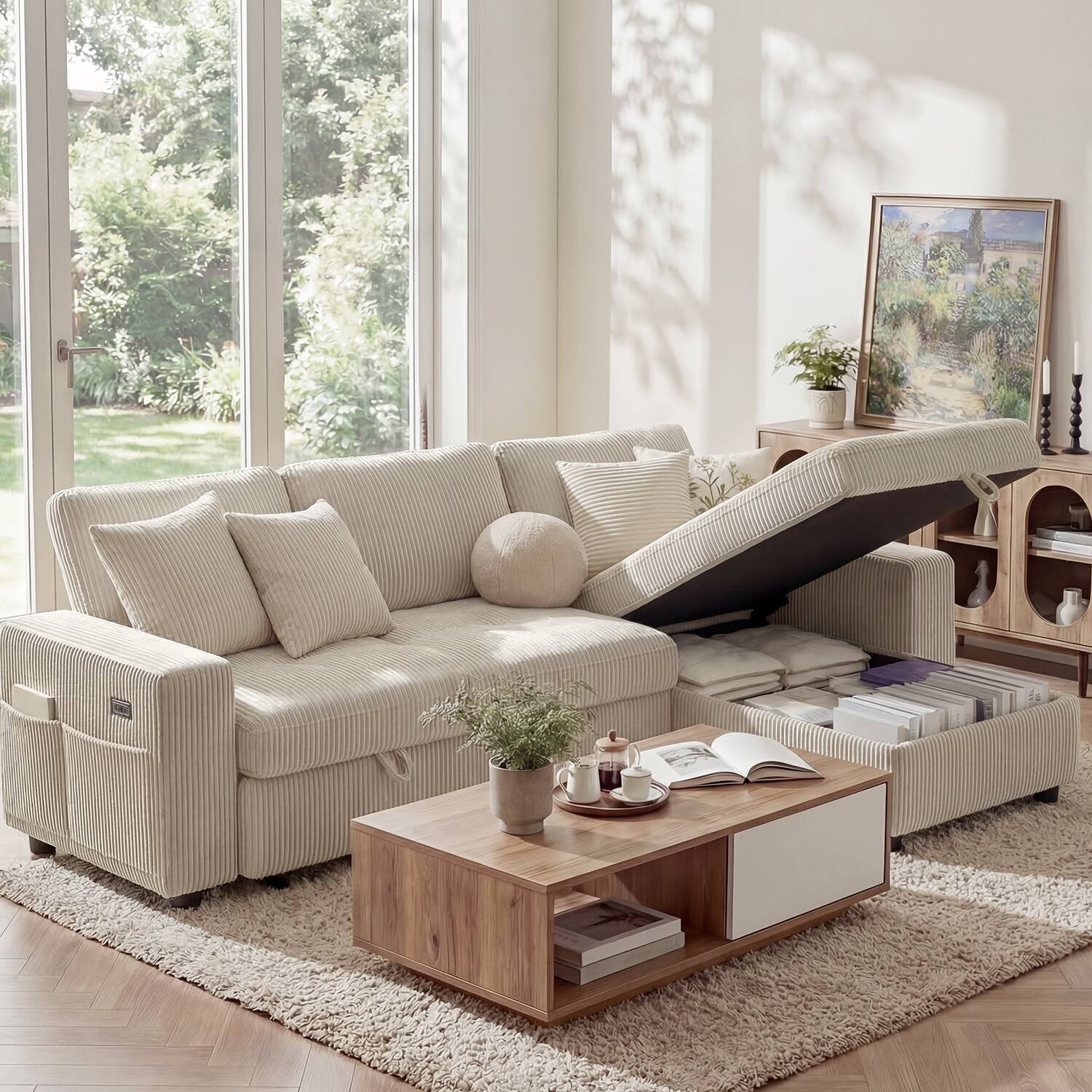 Angle. Dyonery - Dyonery 81" L-Shaped Sleeper Sofa Bed, Corduroy with Pull-Out Bed, USB Ports,  Storage & Adjustable Backrest,Beige - Corduroy + Beige.
