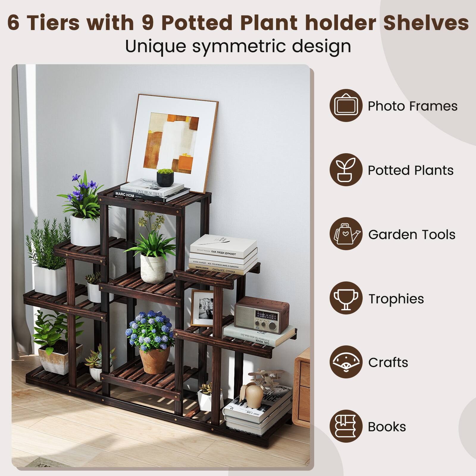 Alt View 7. Gymax - Gymax Indoor Outdoor Wood Plant St& High Low Ladder Flower Rack for Garden Balcony - Brown.