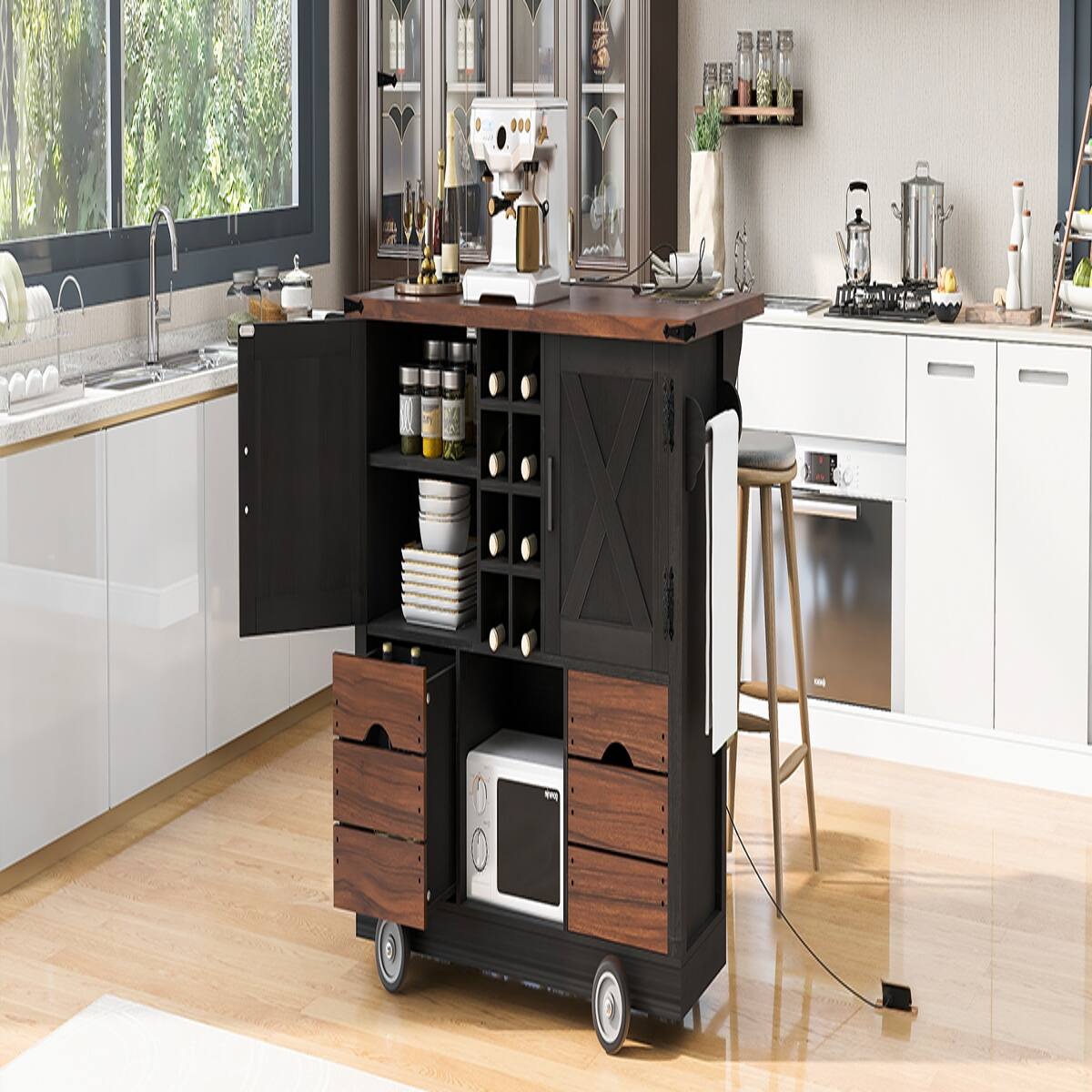 Alt View 2. Loheer - Loheer 54" Farmhouse Kitchen Island with Drop Leaf, Black Rolling Kitchen Cart with Power Outlet and Wine Rack - Black.