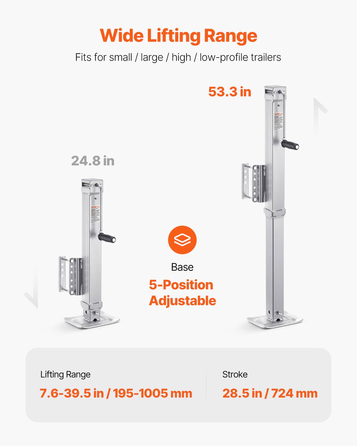 Wide Lifting Range  
Fits for small / large / high / low-profile trailers  
24.8 in  
53.3 in  
Base  
5-Position Adjustable  
Lifting Range  
7.6-39.5 in / 195-1005 mm  
Stroke  
28.5 in / 724 mm