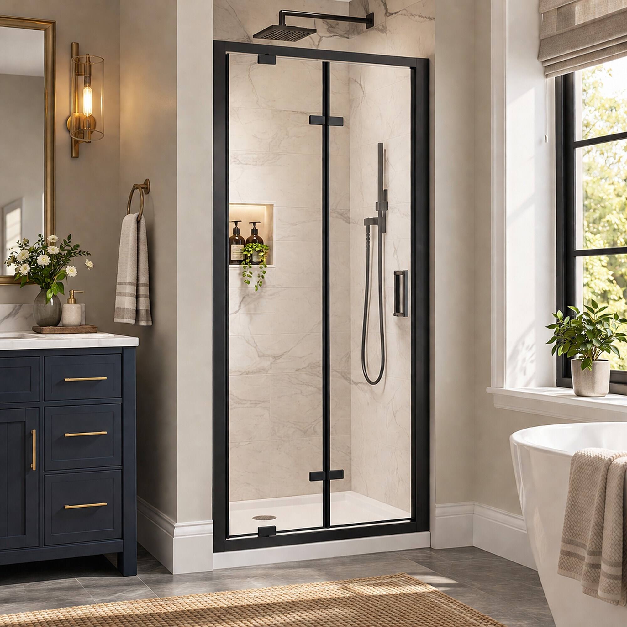 Back. RYHNUYNE - 32 In X 72 In Framed Bi-Fold Pivot Shower Door, 1/4 In Clear Tempered Glass With Handle Black Finish - Matt Black.