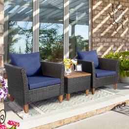 Gymax - 3PCS Patio Furniture Set Conversation Bistro Set w/ Acacia Wood & Cushions - Navy