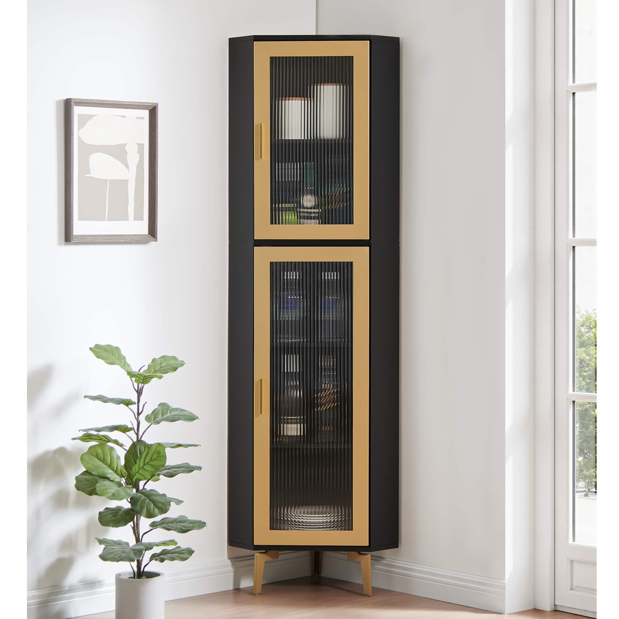 Kings Brand Furniture - Corner Display Curio Cabinet - Gold/ Black