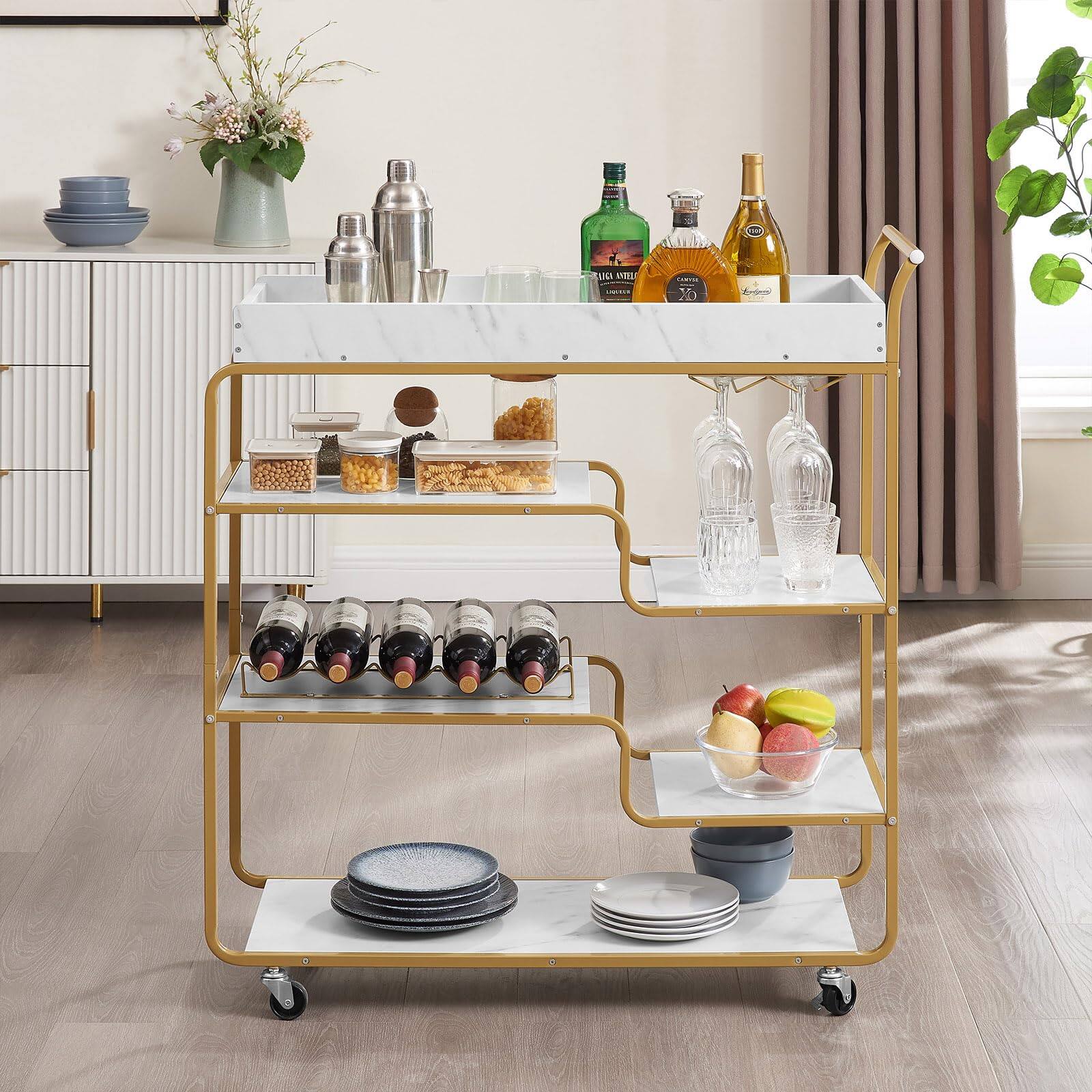 Alt View 5. Ecooso - 6-Tier Bar Cart with Wine Rack, Glass Holder, and Retro Design - Gold.