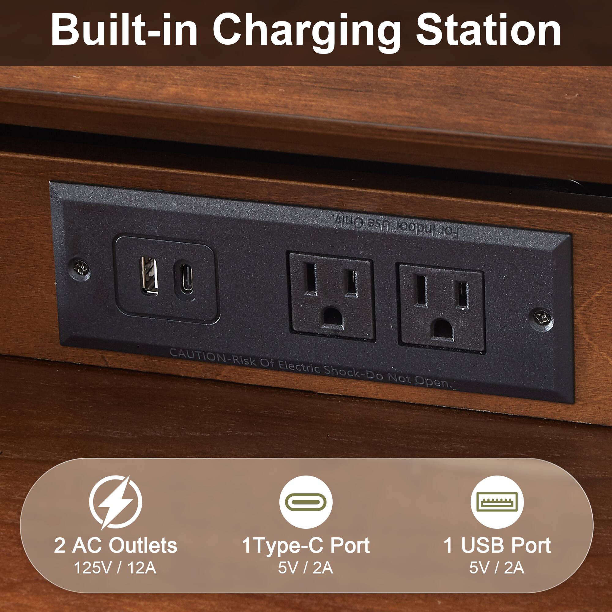 Built-in Charging Station

Only Use Indoor

CAUTION-Risk Of Electric Shock-Do Not Open

2 AC Outlets 125V / 12A

1 Type-C Port 5V / 2A

1 USB Port 5V / 2A