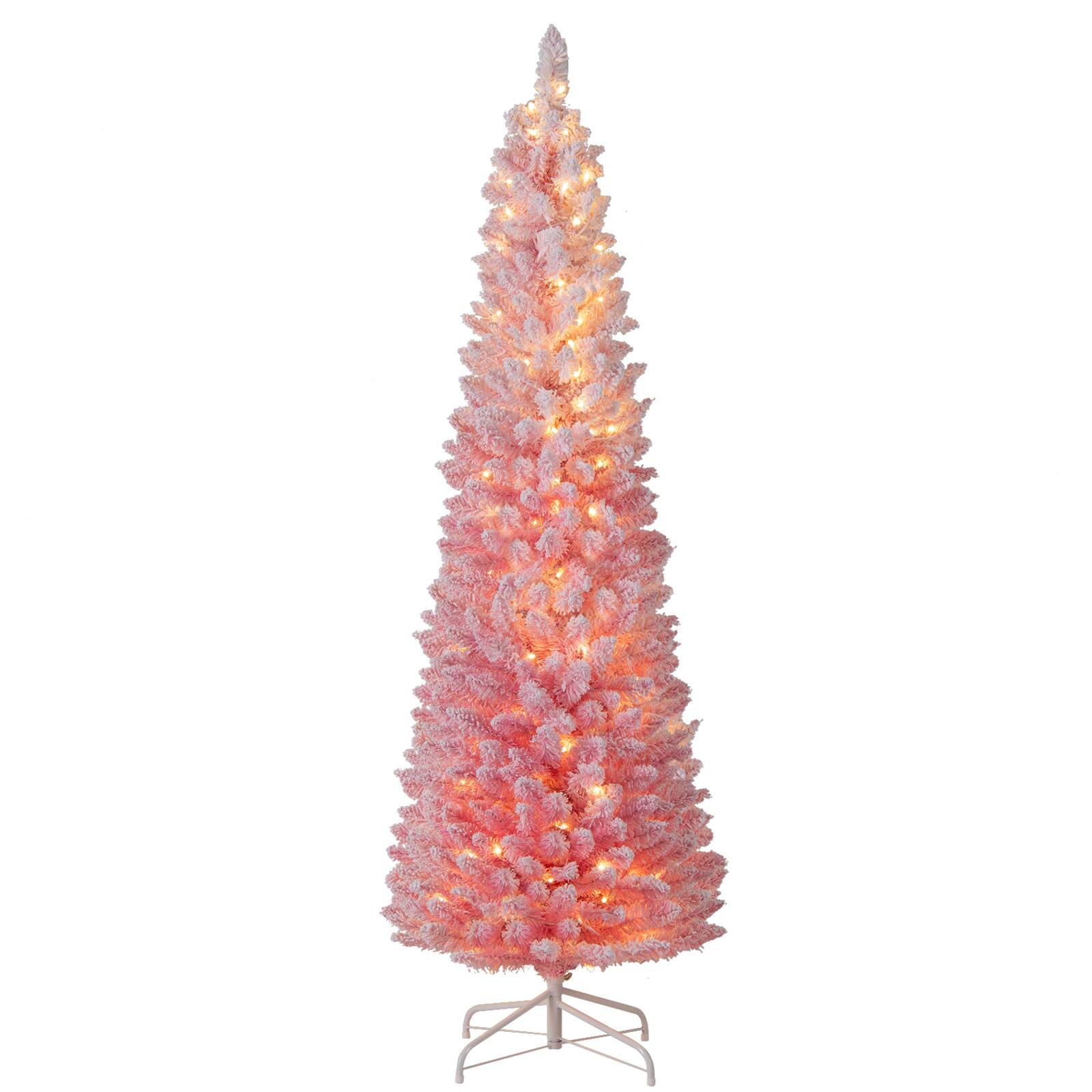 Costway - 6 FT Snow-flocked Artificial Christmas Tree with 140 Lights & 392 Branch Tips - Pink