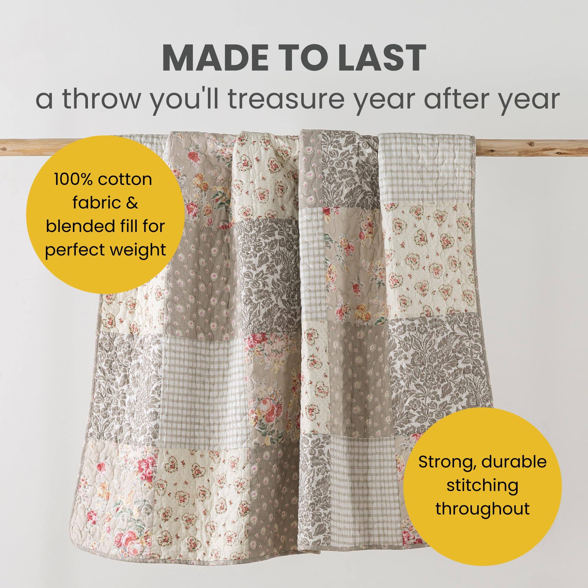 MADE TO LAST  
a throw you'll treasure year after year  

100% cotton fabric & blended fill for perfect weight  

Strong, durable stitching throughout