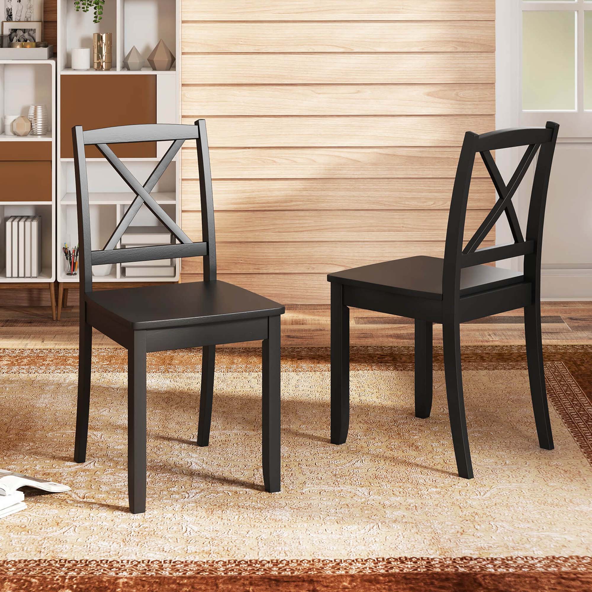 Back. Costway - Dining Chair Set of 2 Kitchen Side Chairs with Rubber Wood Legs & Cross Back - Black.