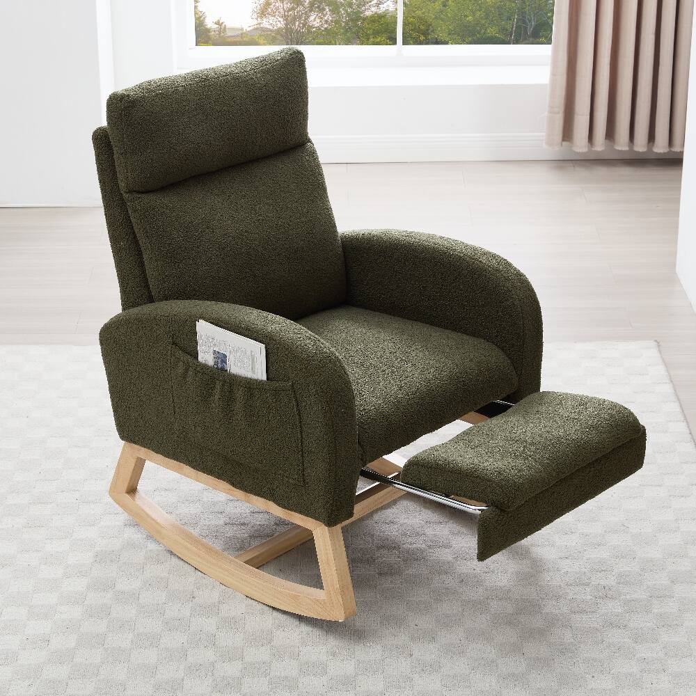 Alt View 4. Loheer - Loheer Green Teddy Fabric Nursery Rocking Chair with Adjustable Footstool Solid Wood Base Leisure Rocker - Green.