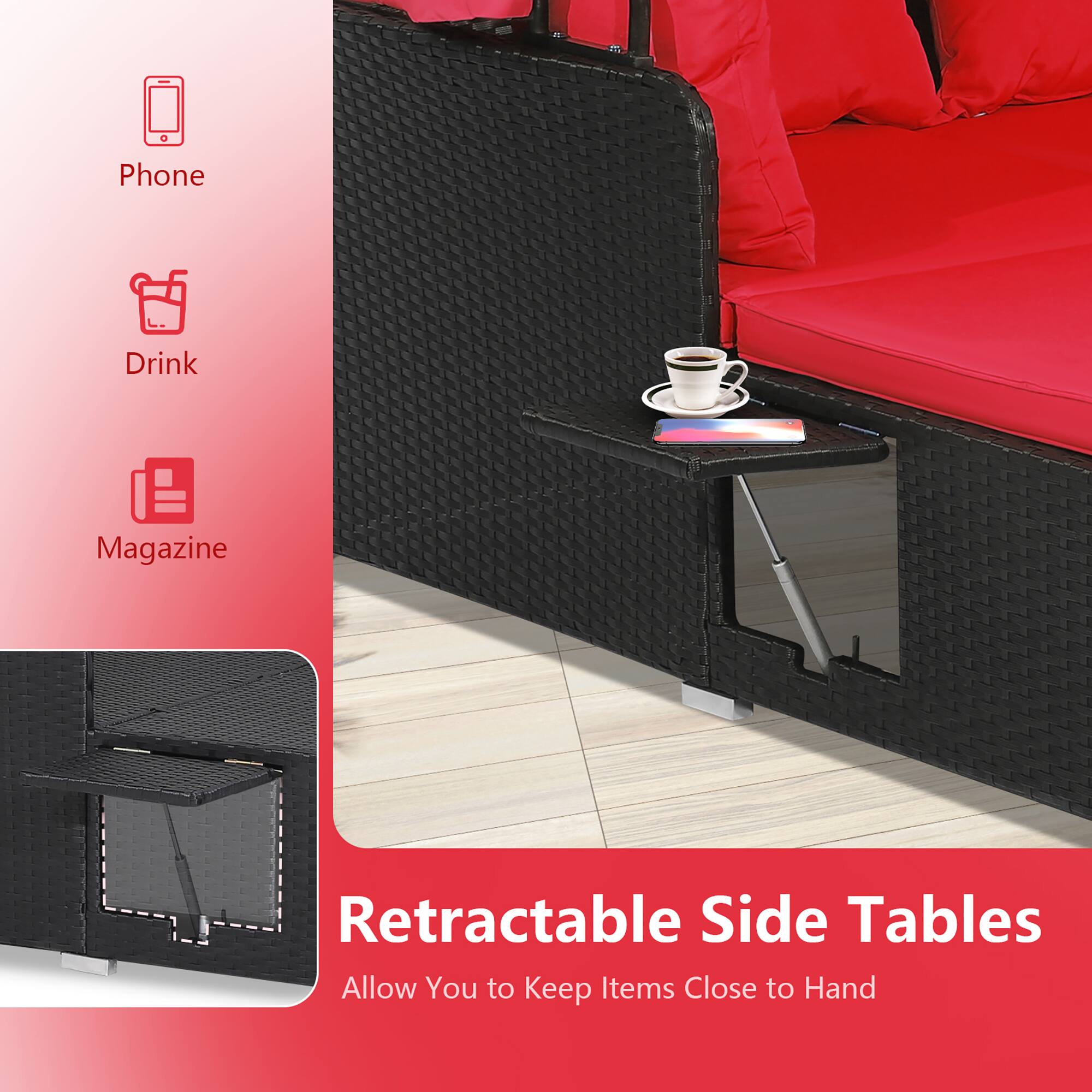 Phone  
Drink  
Magazine  

Retractable Side Tables  
Allow You to Keep Items Close to Hand