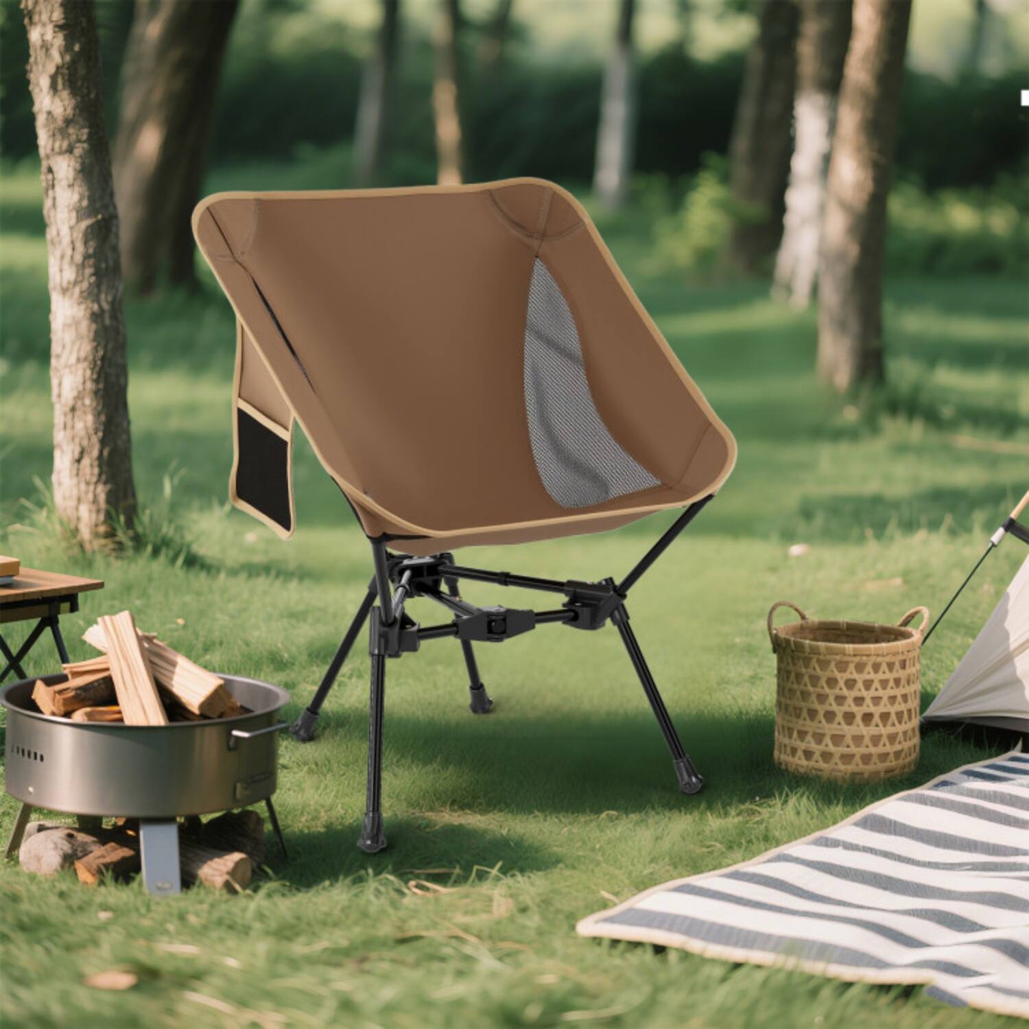 Back. Mondawe - Ultralight Folding Camping Chair w Compact Carry Bag Aerospace Aluminum 330 lbs Moon Shape - Coffee+Black.