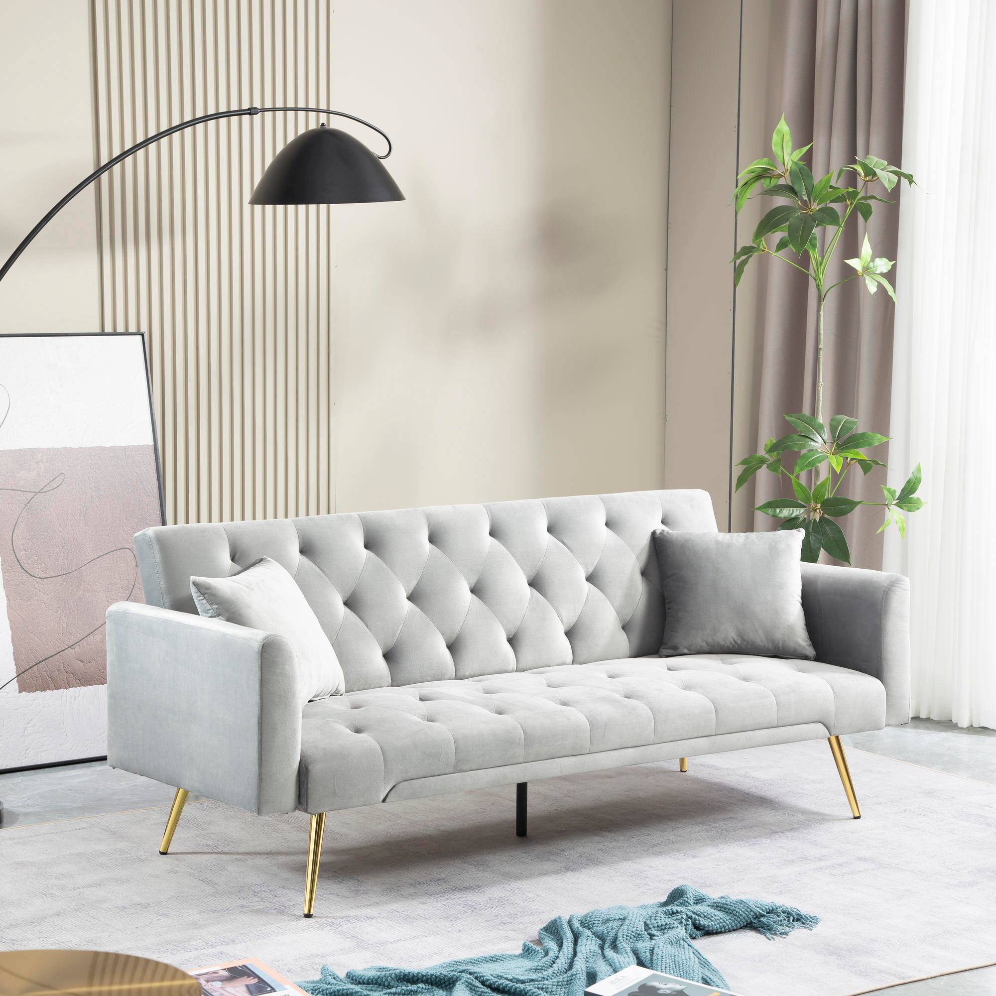 Alt View 2. Meqiodas - Convertible Sofa Bed Modern Futon Set, Velvet Foldable Reclining Loveseat, Three Adjustment Angles, Easy Assembly - GREY.