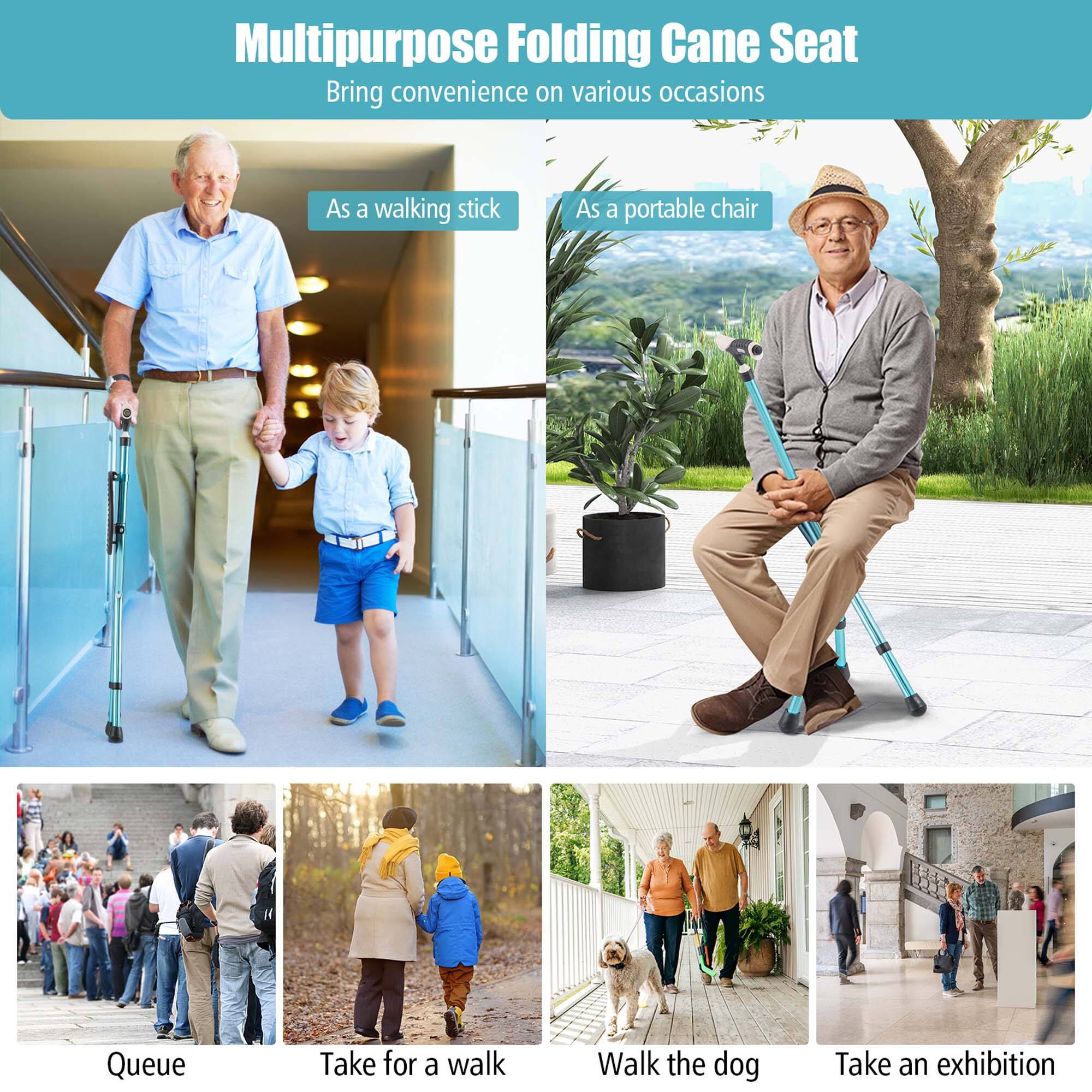 Multipurpose Folding Cane Seat  
Bring convenience on various occasions  

- As a walking stick  
- As a portable chair  

Queue  
Take for a walk  
Walk the dog  
Take an exhibition