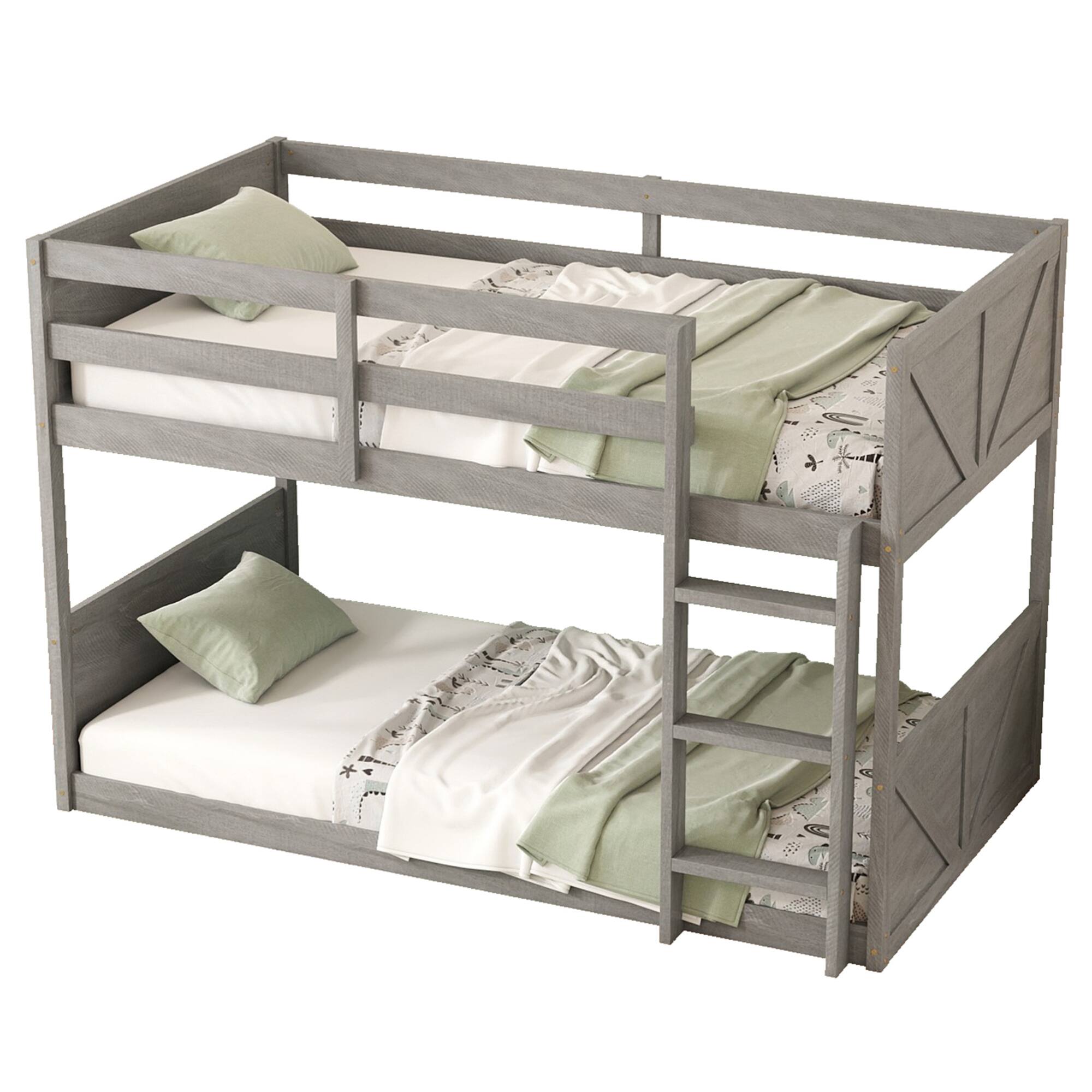 Alt View 7. GOODSILO - Solid Wood Twin Over Twin Floor Bunk Bed with Panelled Headboard and Footboard, Built-in Ladder and Safety Guardrails - Antique White.