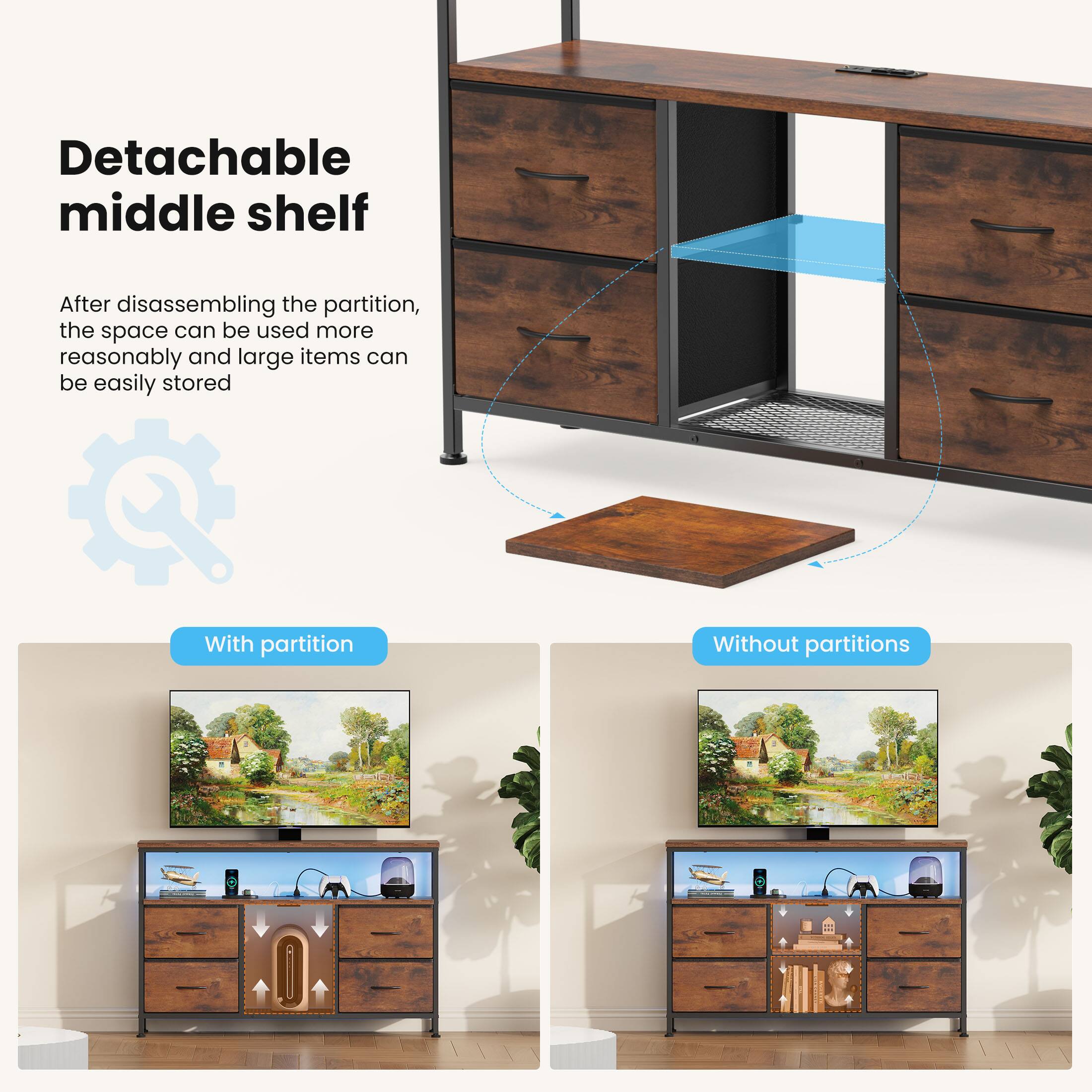 Detachable middle shelf

After disassembling the partition, the space can be used more reasonably and large items can be easily stored

With partition

Without partitions