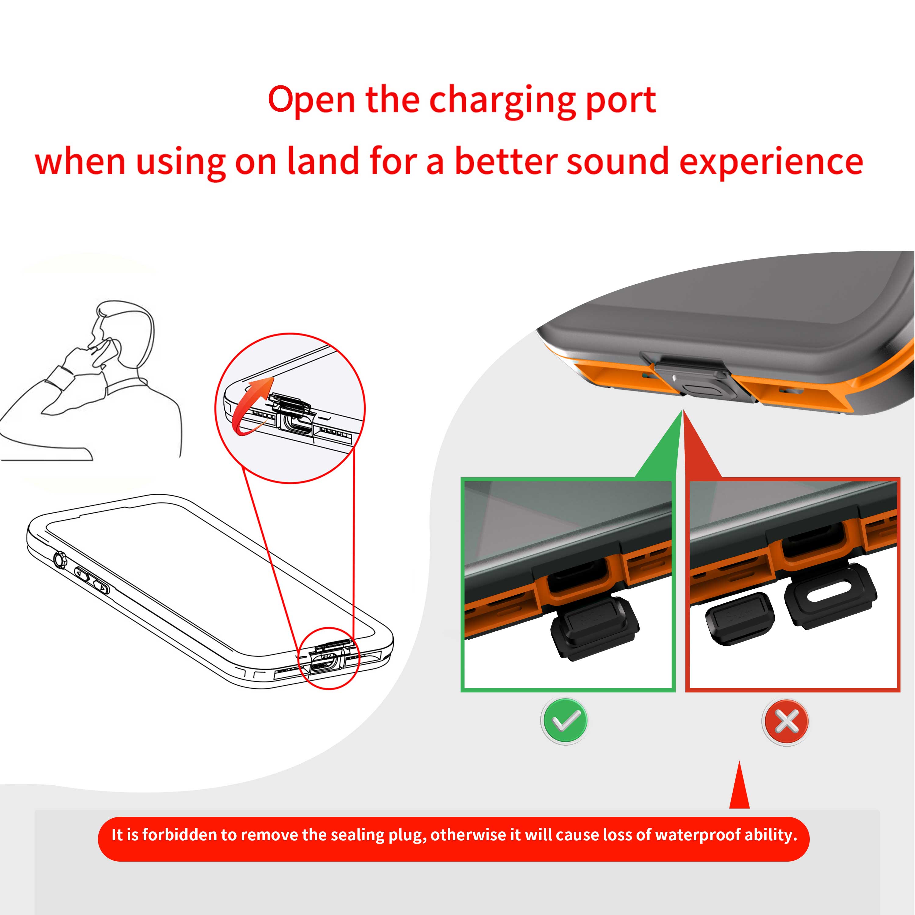 Open the charging port when using on land for a better sound experience. It is forbidden to remove the sealing plug, otherwise it will cause loss of waterproof ability.
