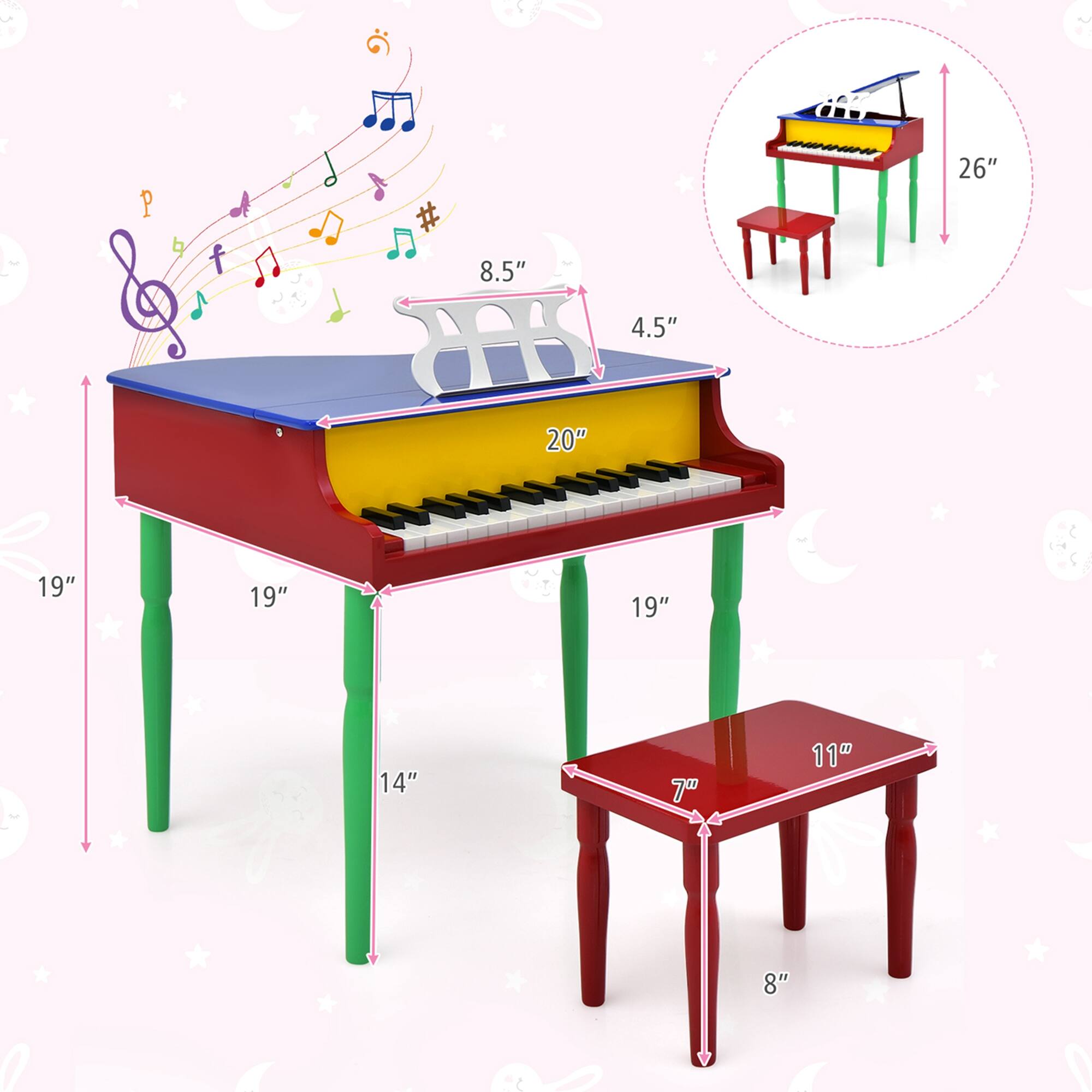 The text on the image reads: "26" 8.5" 4.5" 20" 1 19" 19" 19" - 14" 7" 11" 8"". This text is describing the dimensions of a toy piano and stool. The toy piano is 26 inches tall, with a width of 8.5 inches. The stool is 4.5 inches tall, and the table is 20 inches tall. The text also includes a measurement of 19 inches, which is likely referring to the width or height of the toy piano.