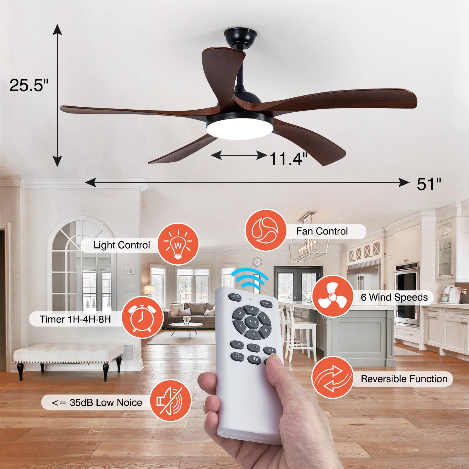 25.5"  
11.4"  
51"  

Light Control  
Fan Control  
Timer 1H-4H-8H  
6 Wind Speeds  
Reversible Function  
<= 35dB Low Noise