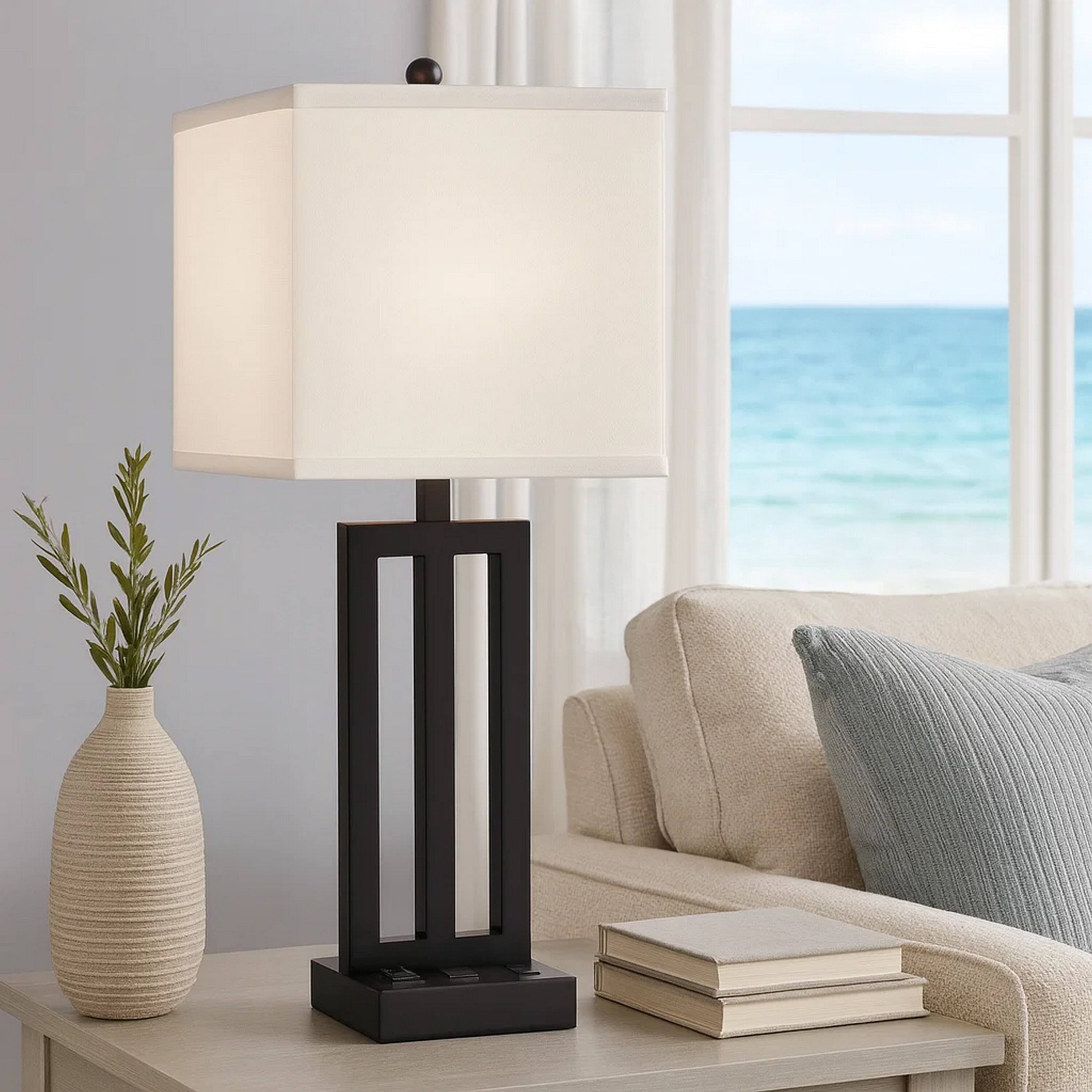 Alt View 2. Manhattan Lane - Haney Table Lamp, 1 Outlet, USB Port, Slim Keyhole Base 30 Inch - Bronze, White.