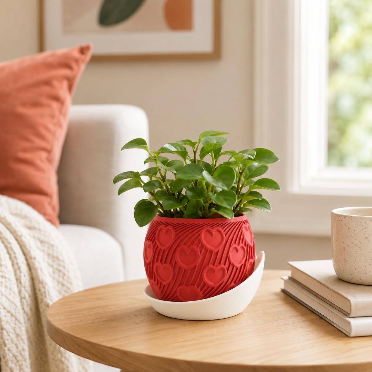 Alt View 2. JuzToys - 3D Printed Heart Planter with Drip Tray, Small Indoor Plant Pot w/Saucer, Decorative Desk Shelf Decor Gift by PowerTRC - Red|White.