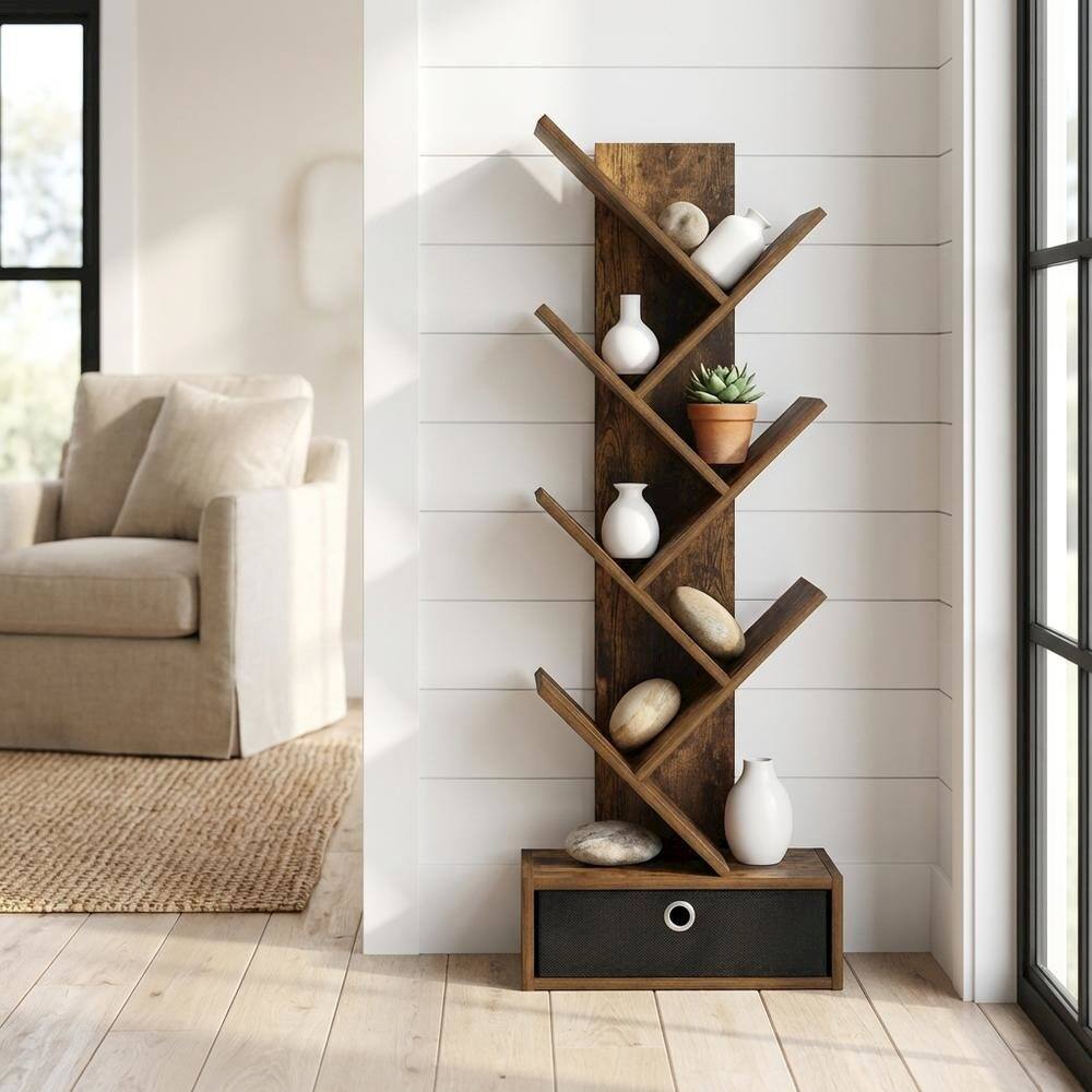 Angle. FurniFact - Engineered Wood bookcase with spacious shelves and sturdy construction - Amber Pine/Black.