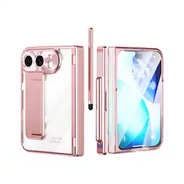 Dteck - For Apple iPhone Duo Built-in Screen Protector Luxury Plating Kickstand Rugged Case+2 Hinge+Stylus - Rosegold