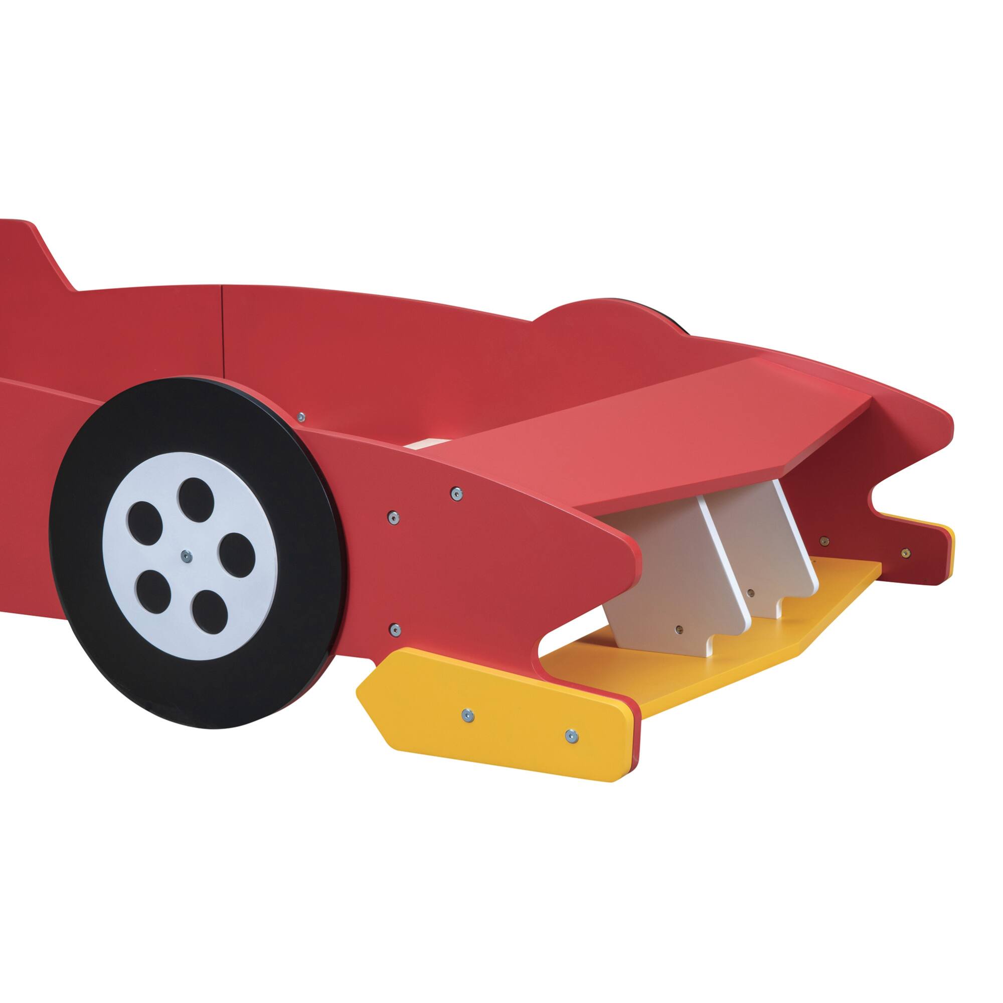 Alt View 9. GOODSILO - Twin Size Youth Race Car Themed Platform Bed with Side Rails and Decorative Wheels - Red.