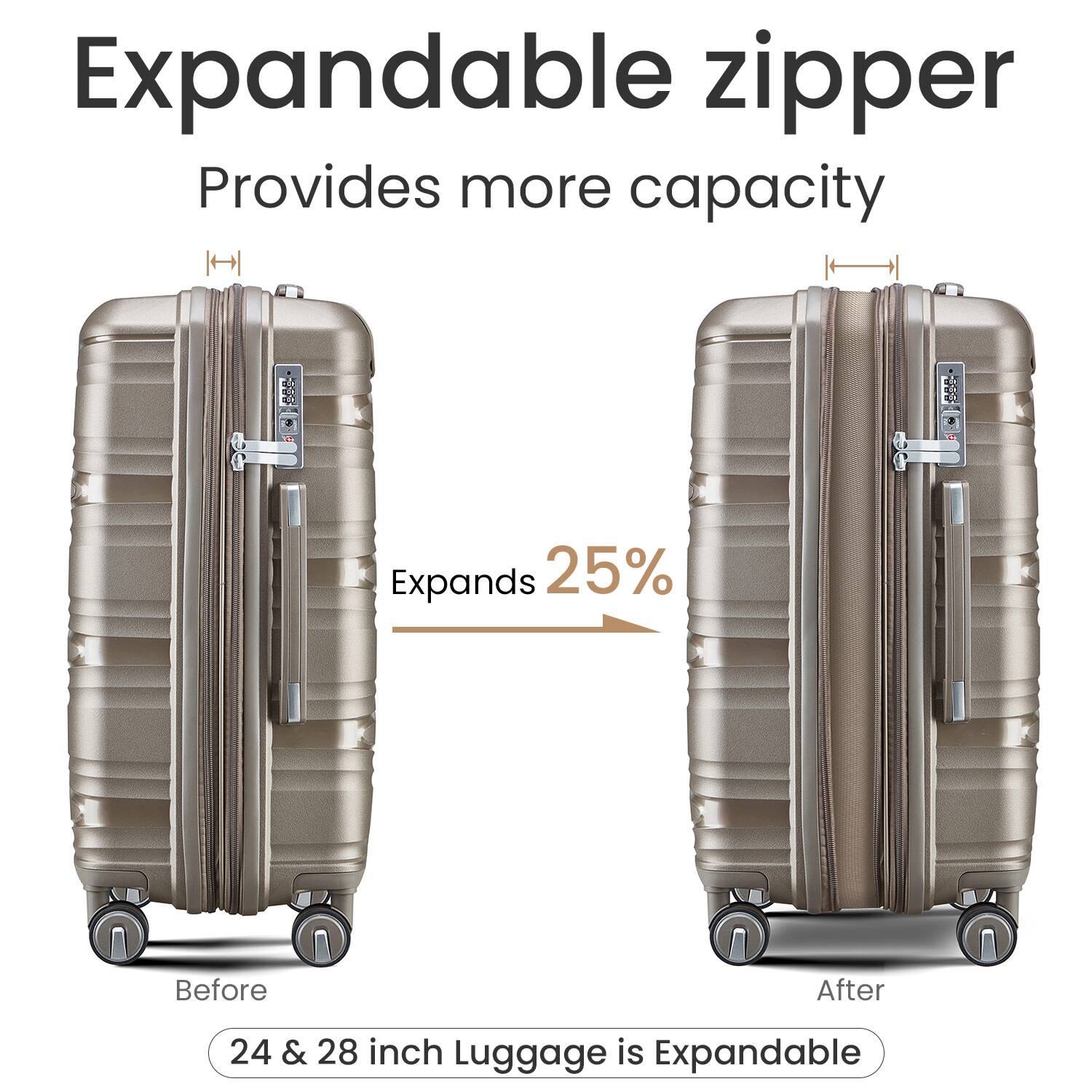 Expandable zipper  
Provides more capacity  

Expands 25%  

Before  
After  

24 & 28 inch Luggage is Expandable