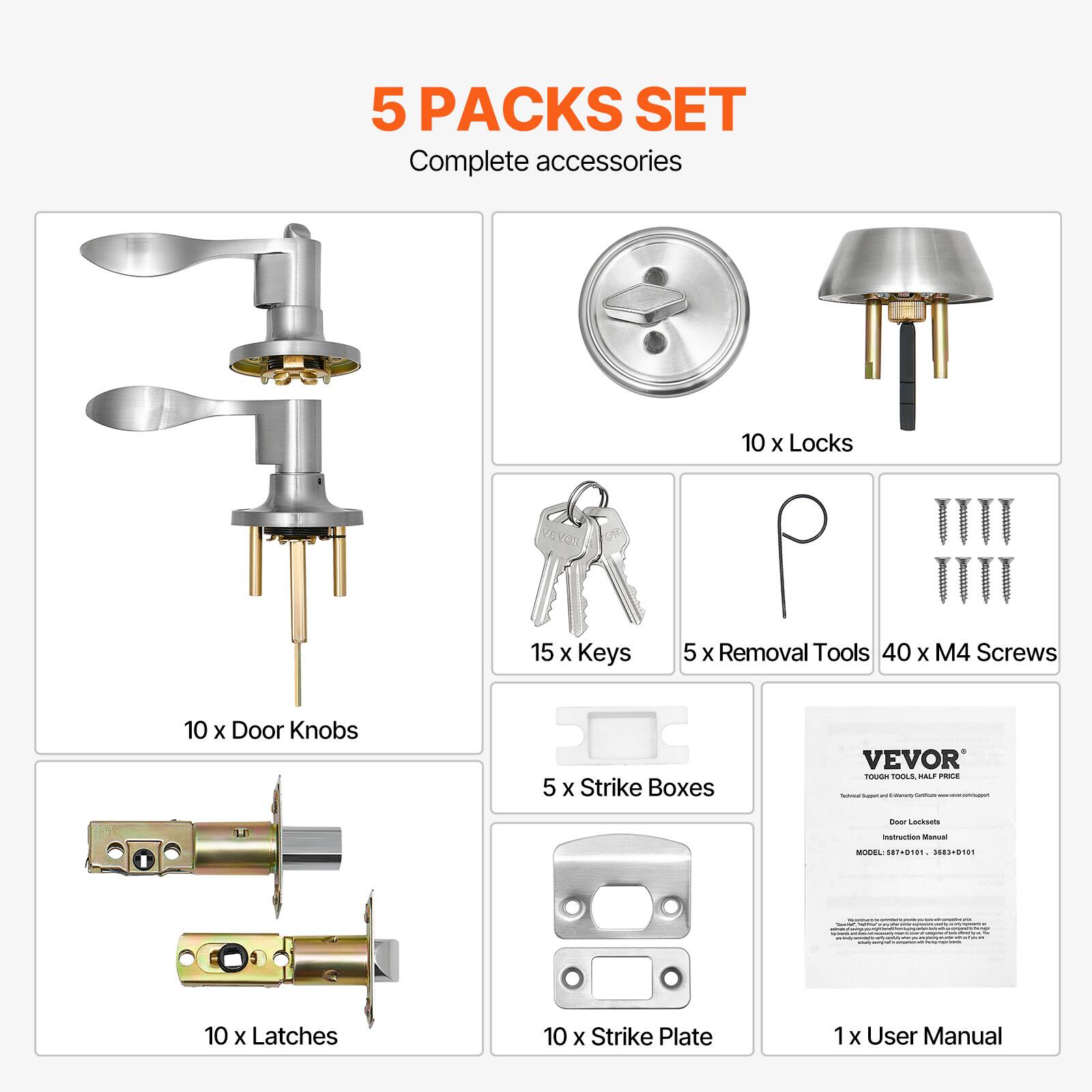 5 PACKS SET Complete accessories
10 x Locks
15 x Keys
5 x Removal Tools
40 x M4 Screws
10 x Door Knobs
5 x Strike Boxes
10 x Latches
10 x Strike Plate
1 x User Manual