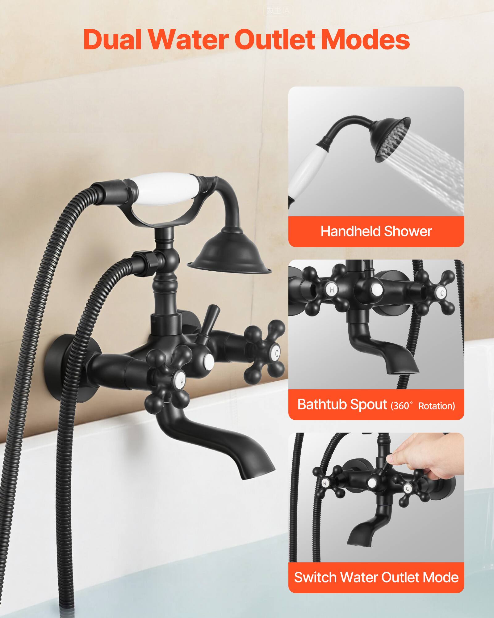 LPIA Dual Water Outlet Modes Handheld Shower H C H Bathtub Spout (360 Rotation) 4 Switch Water Outlet Mode