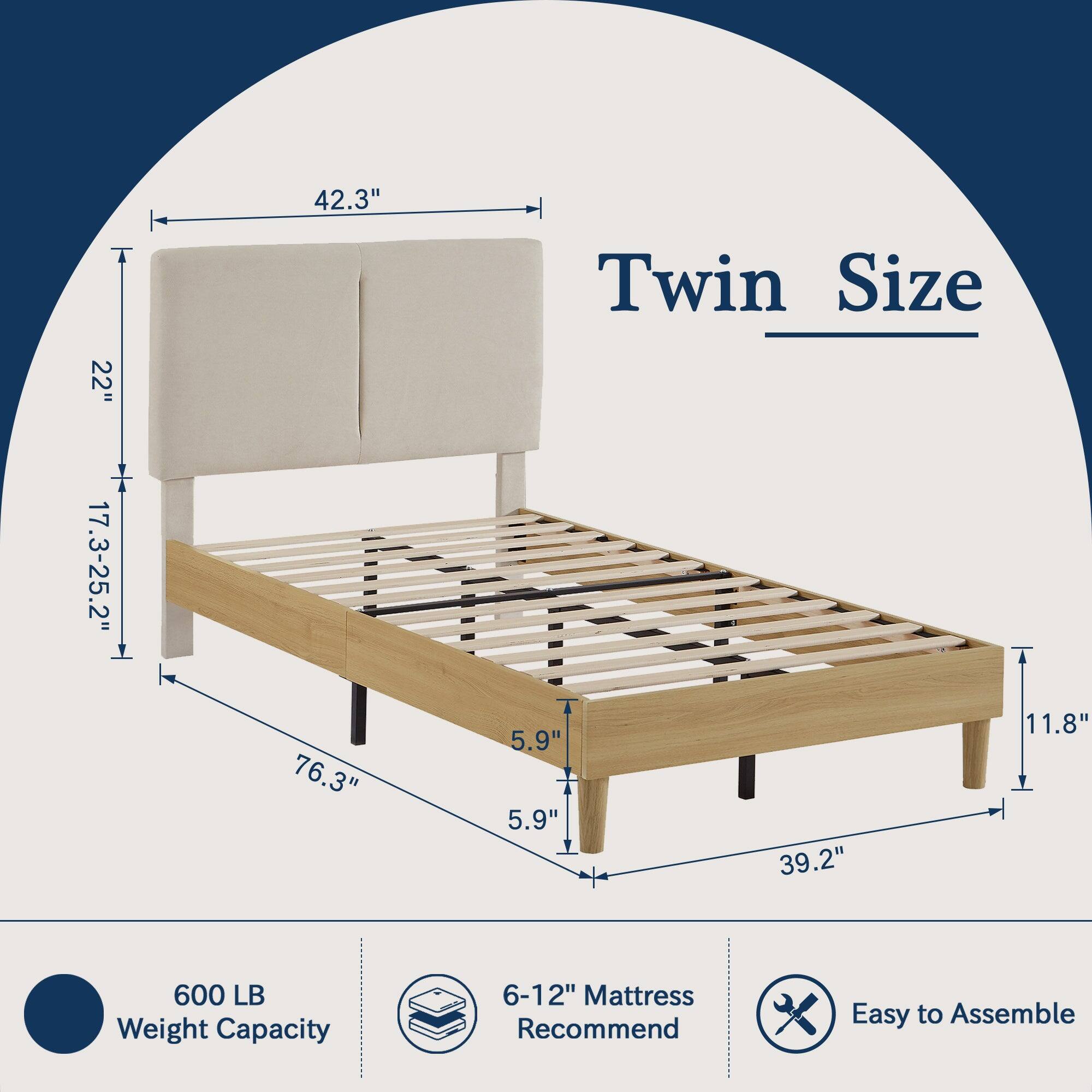 - 22" Height
- 42.3" Width
- 17.3-25.2" Depth
- 76.3" Length
- 5.9" Side Rail Height
- 5.9" Leg Height
- 39.2" Footboard Height
- 11.8" Footboard Width

- Twin Size
- 600 LB Weight Capacity
- 6-12" Mattress Recommended
- Easy to Assemble