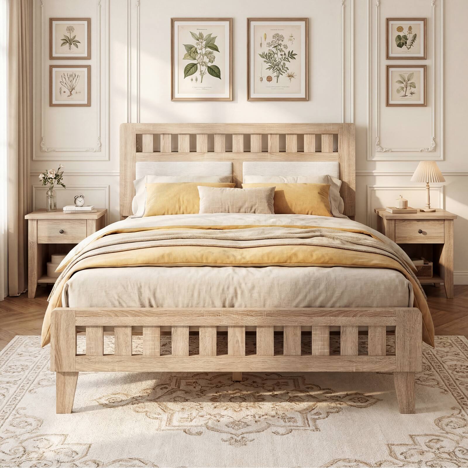 Alt View 4. Gymax - Gymax Full Wood Bed Frame w/Upholstered Headboard Solid Wood Leg Wooden Slat Support Rustic Oak & Beige - Yellow.