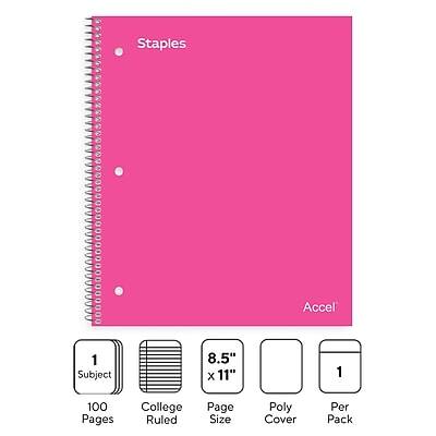 Staples Accel  
Subject 8.5" x 11"  
100 Pages  
College Ruled  
Page Size  
Poly Cover  
Per Pack