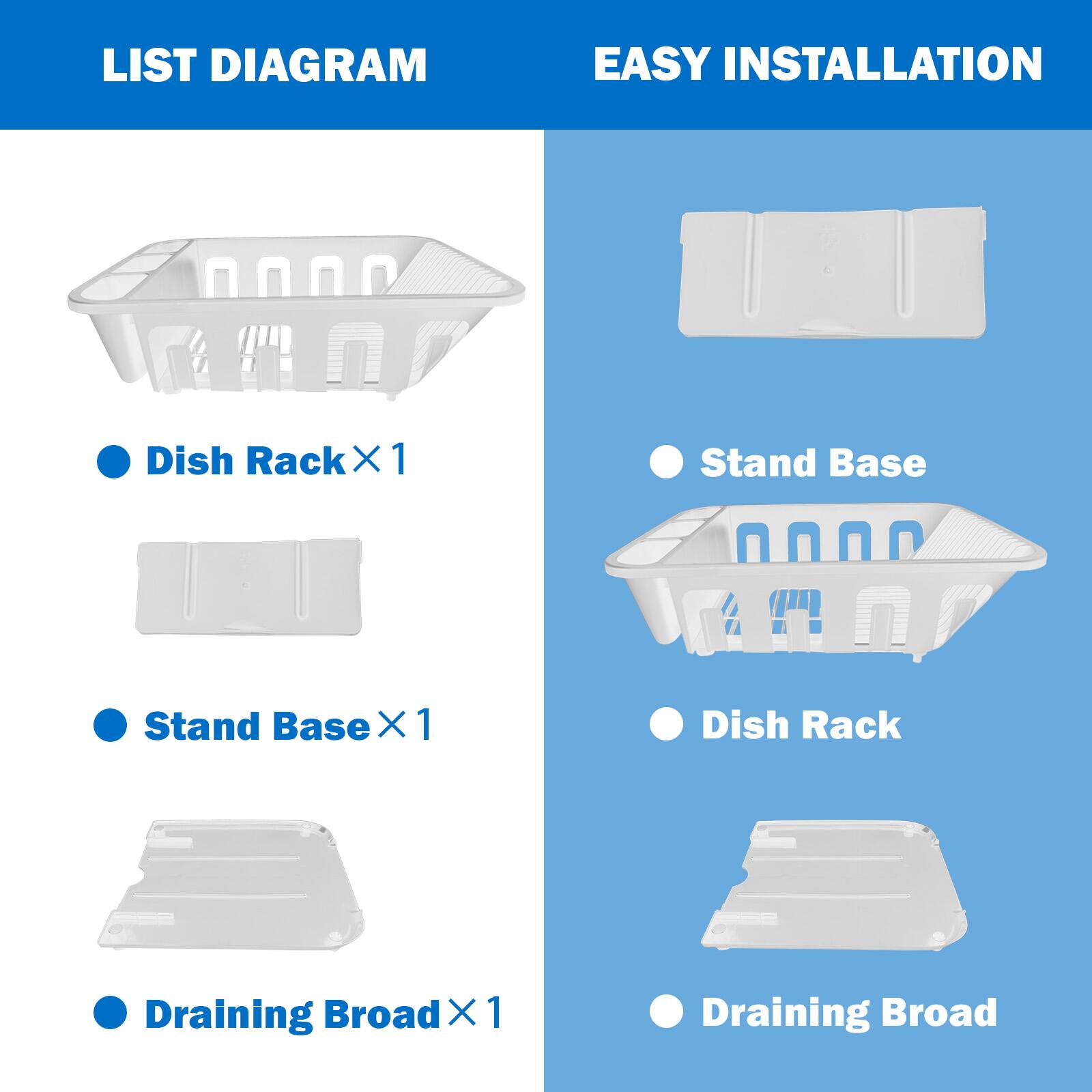 LIST DIAGRAM  
- Dish Rack X 1  
- Stand Base X 1  
- Draining Broad X 1  

EASY INSTALLATION  
- Stand Base  
- Dish Rack  
- Draining Broad