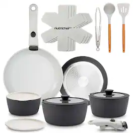 NutriChef - 18-Piece Ceramic Cookware Set with Detachable Handles, Non Stick Pots and Pans - Gray